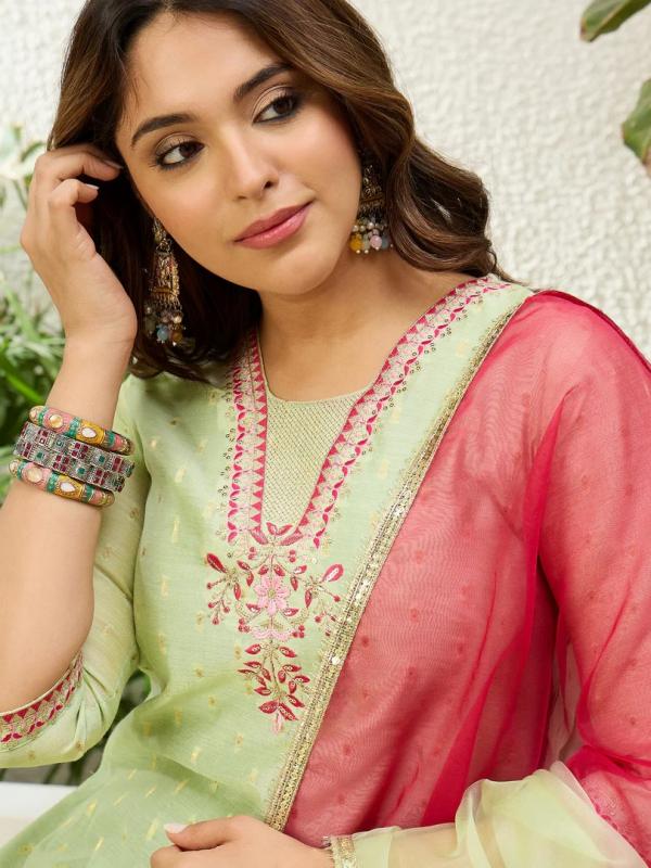VP 9874 P Embroidered Yoke Design Straight Kurta Pant Set with Ombre Dupatta